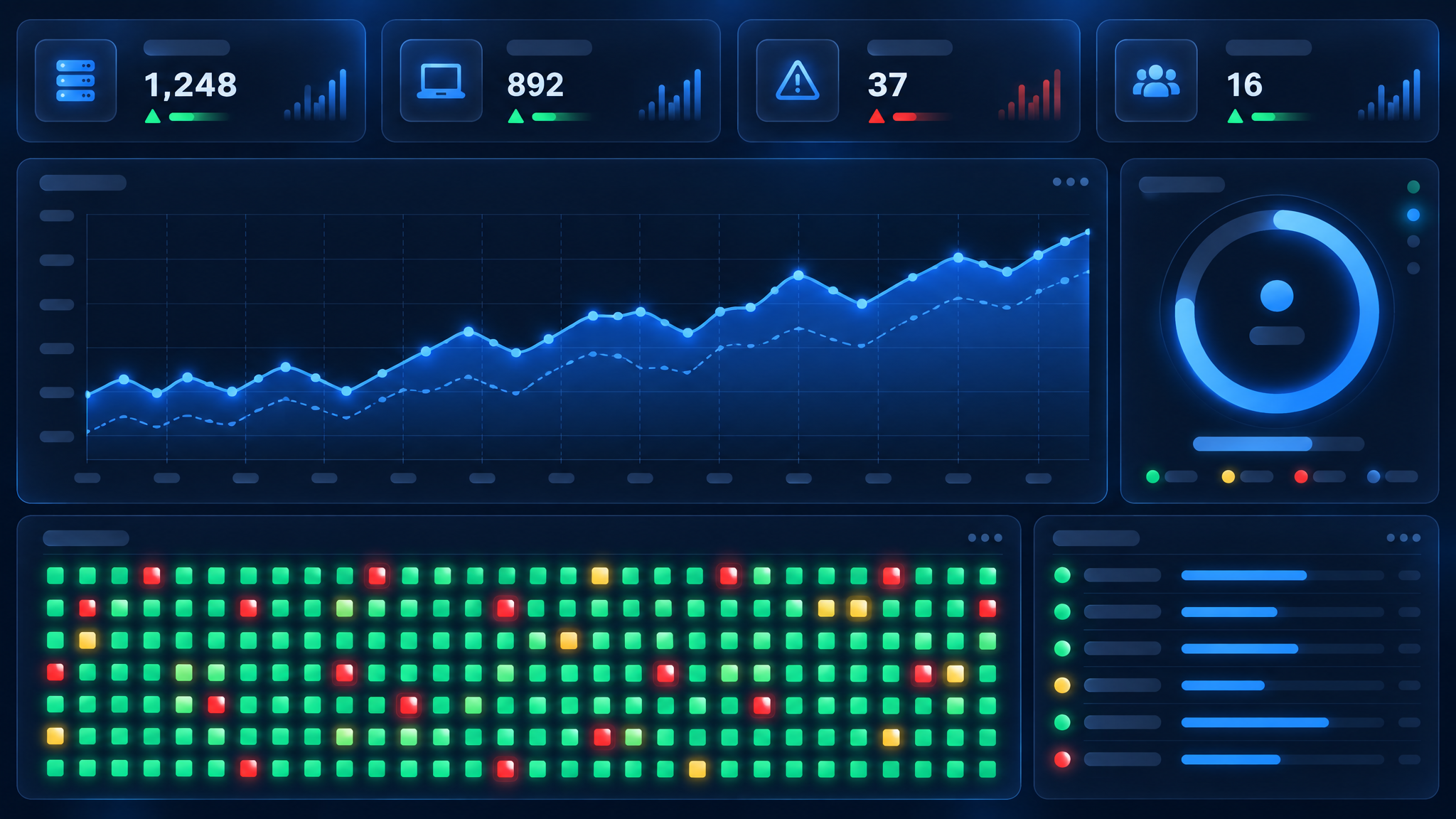 Topplo dashboard showing device counts, health trends and a live device status grid