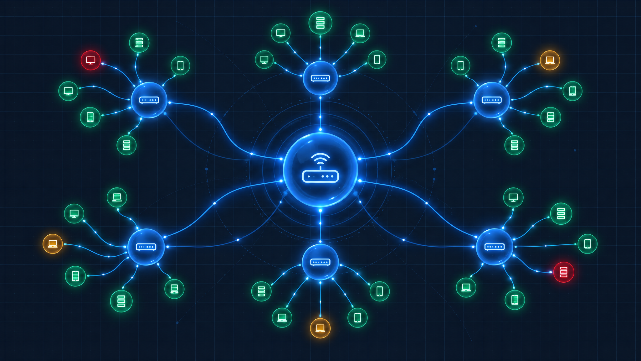 Topplo network topology map with a central gateway connected to switches and endpoint devices